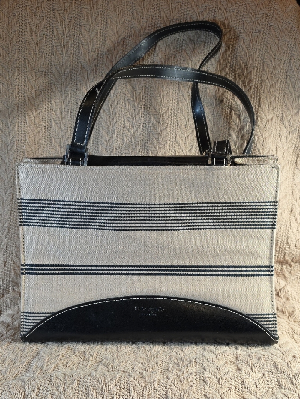Kate Spade New York Cream Black Striped Canvas Tote Bag Mini w Leather Trim